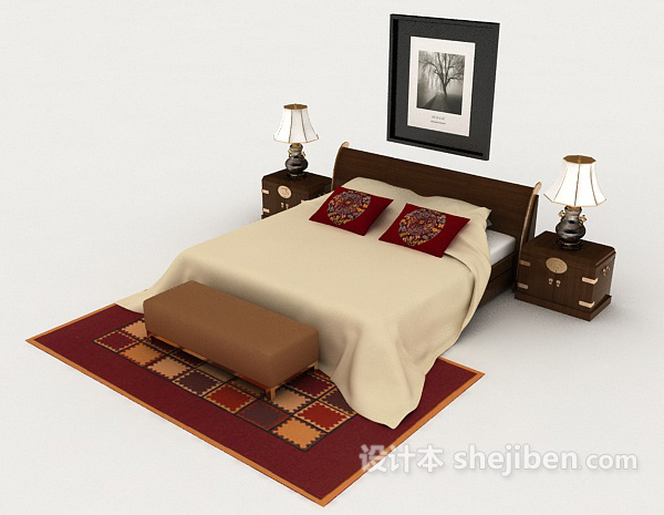 新中式家庭双人床3d模型下载