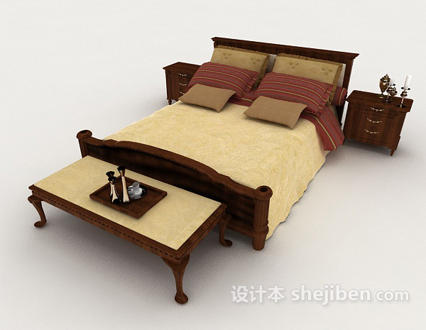 免费中式复古家居木质双人床3d模型下载
