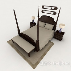 新中式家居实木双人床3d模型下载