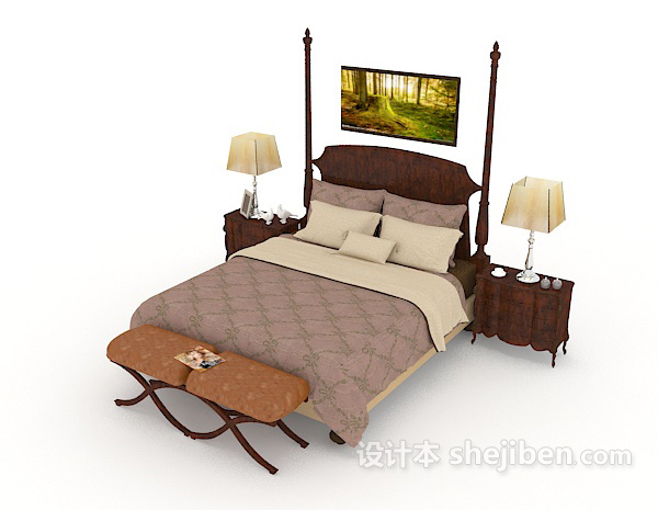 免费欧式家居简约木质双人床3d模型下载