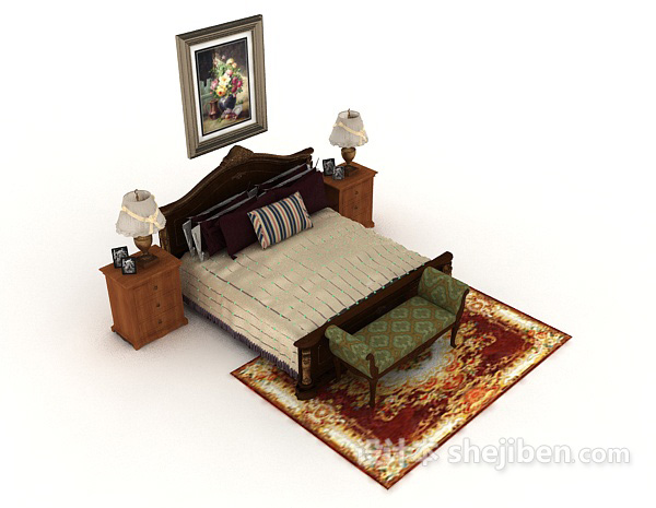 现代家居棕色木质双人床3d模型下载