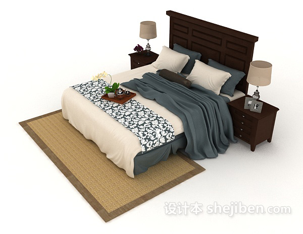 设计本家居木质蓝白双人床3d模型下载