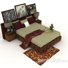 新中式家居棕色木质双人床3d模型下载