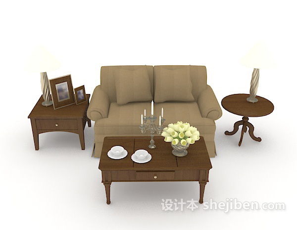 现代风格家居木质棕色双人沙发3d模型下载