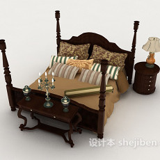 中式家居棕色木质双人床3d模型下载