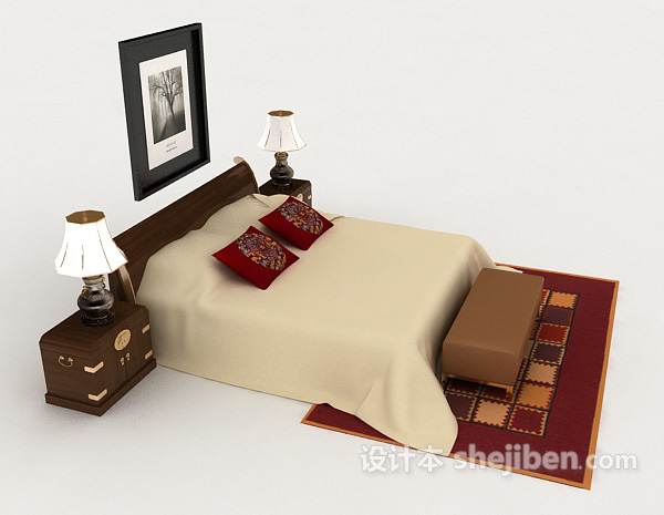 设计本新中式家庭双人床3d模型下载