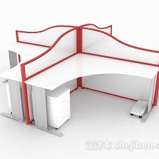 白色红边四人办公桌3d模型下载