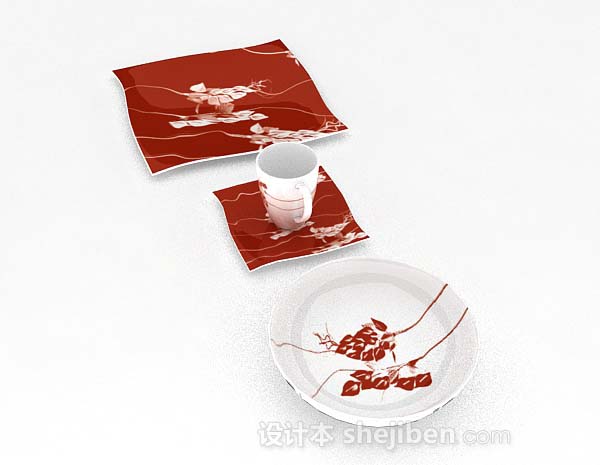 设计本红色花纹餐具3d模型下载