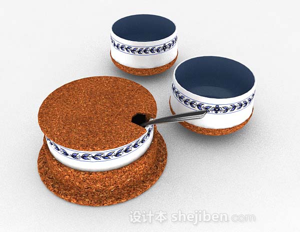 免费蓝色陶瓷碗组合3d模型下载