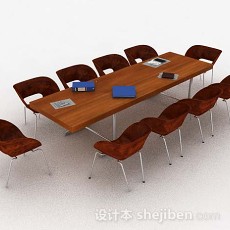 棕色木质会议桌椅组合3d模型下载