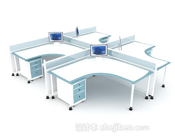 蓝白多人办公桌3d模型下载