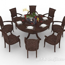 圆形木质棕色餐桌椅3d模型下载