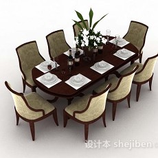 椭圆形木质棕色餐桌椅3d模型下载