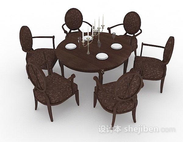 圆形木质深棕色餐桌椅