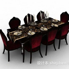 欧式红色餐桌椅3d模型下载