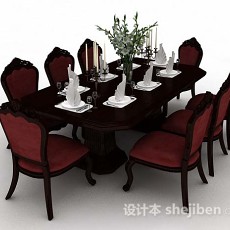 欧式复古木质餐桌椅3d模型下载
