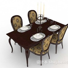 欧式复古棕色餐桌椅3d模型下载