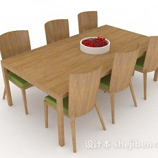 田园浅棕色木质餐桌椅3d模型下载