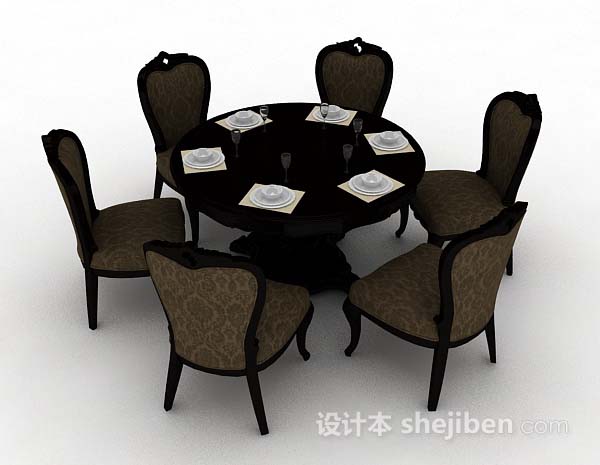 欧式深棕色木质餐桌椅