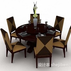 棕色圆形餐桌椅3d模型下载