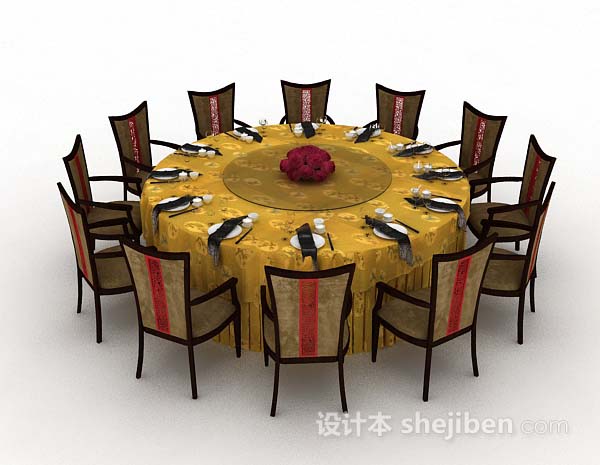 免费中式圆形黄色餐桌椅3d模型下载