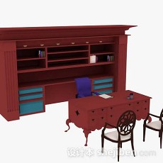 红色办公桌椅组合3d模型下载