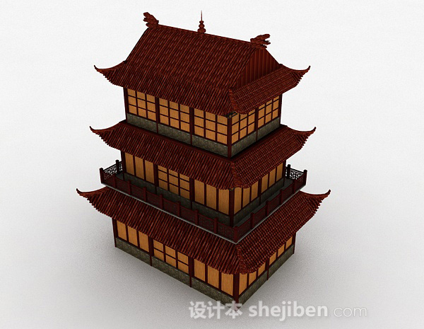 中式三层古代阁楼建筑效果图3d模型下载