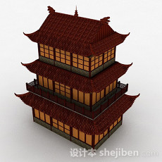 中式三层古代阁楼建筑效果图3d模型下载