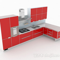 正红色L型整体橱柜3d模型下载
