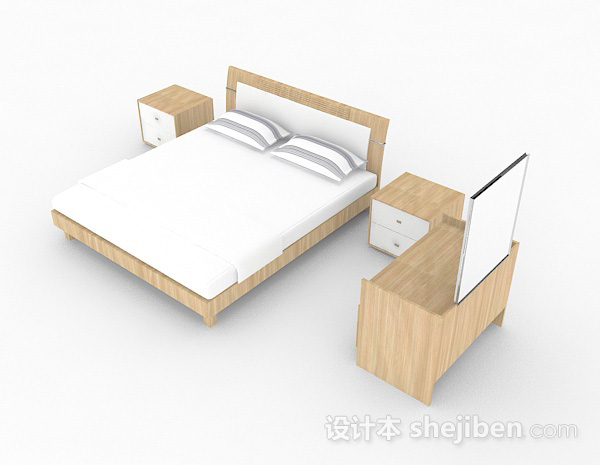 免费简约木质家居双人床3d模型下载