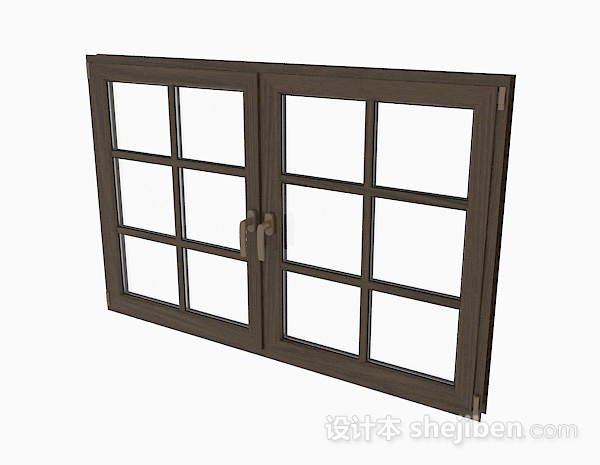 免费现代风格棕色木质双门平开窗3d模型下载