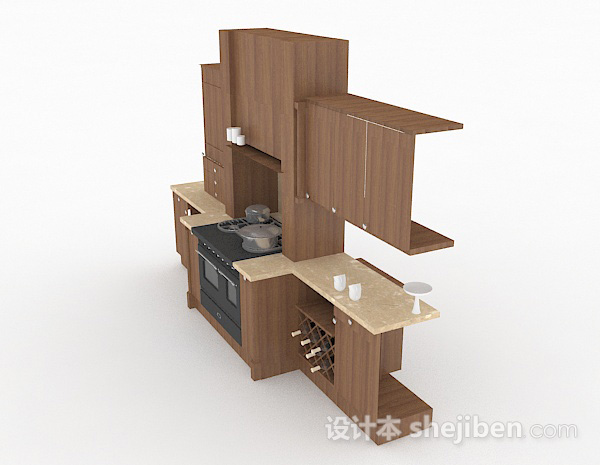 免费现代风格棕色木质整体橱柜3d模型下载