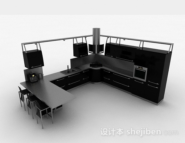 现代风格时尚黑色L型整体橱柜3d模型下载