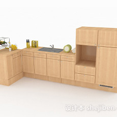 原木色L型家居厨房橱柜3d模型下载