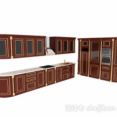 棕色欧式L型木质整体橱柜3d模型下载