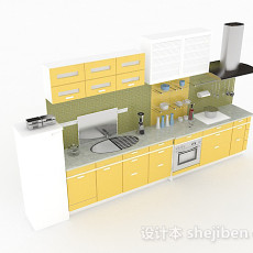 米黄色一字型整体橱柜3d模型下载