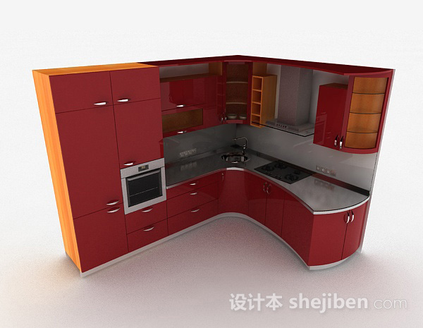 现代风格酒红色烤漆门整体橱柜3d模型下载
