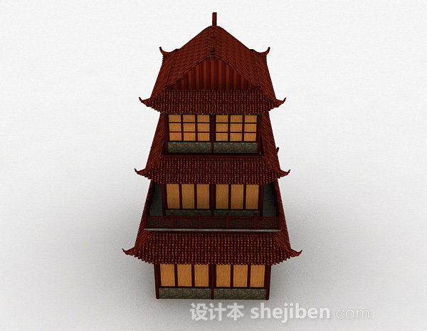 中式风格中式三层古代阁楼建筑效果图3d模型下载