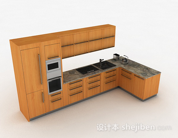 棕色木质L型整体橱柜3d模型下载