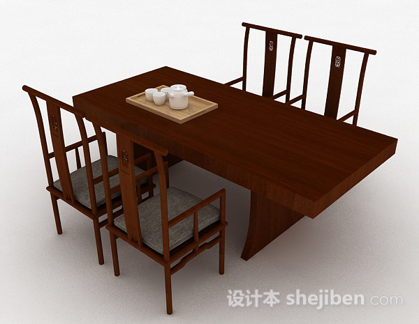 免费中式木质餐桌椅组合3d模型下载