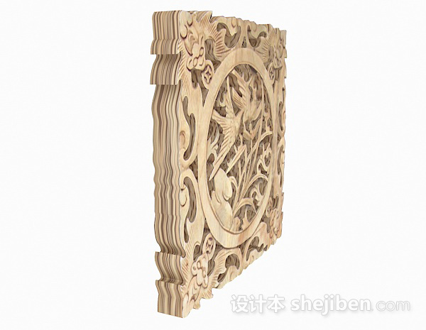 设计本中式原木色镂空雕刻兰花窗户3d模型下载