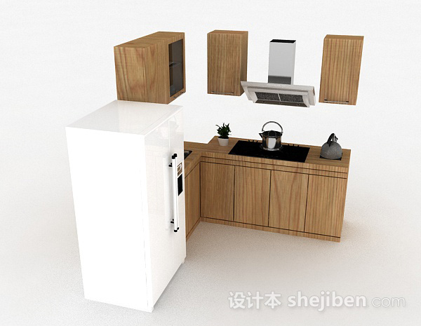 免费现代风格木质上下2层整体橱柜3d模型下载