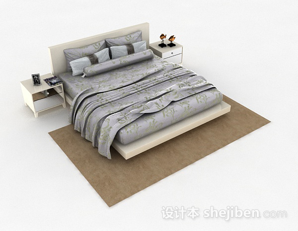 灰色花纹双人床3d模型下载