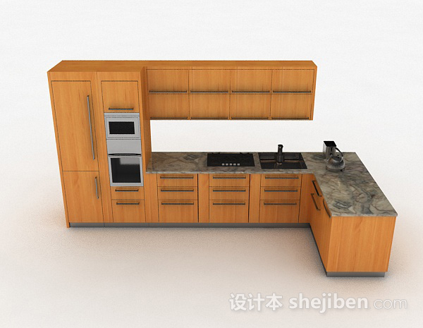 现代风格棕色木质L型整体橱柜3d模型下载