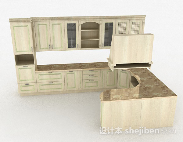 设计本北欧风格米色L型整体橱柜3d模型下载