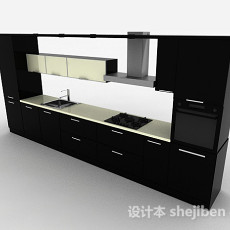 现代风格黑色一字型上下层整体橱柜3d模型下载