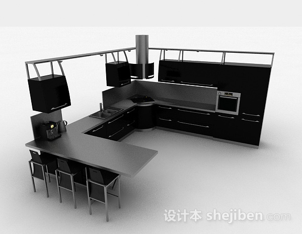 免费现代风格时尚黑色L型整体橱柜3d模型下载