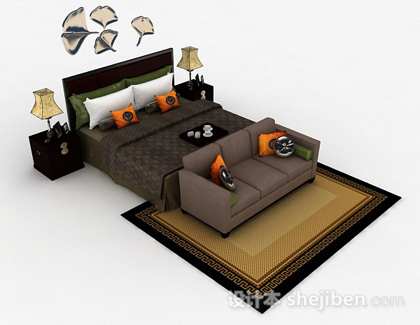 新中式家居双人床3d模型下载