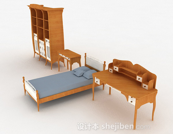 设计本木质家居床柜组合3d模型下载