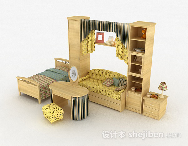免费田园风格床柜组合3d模型下载
